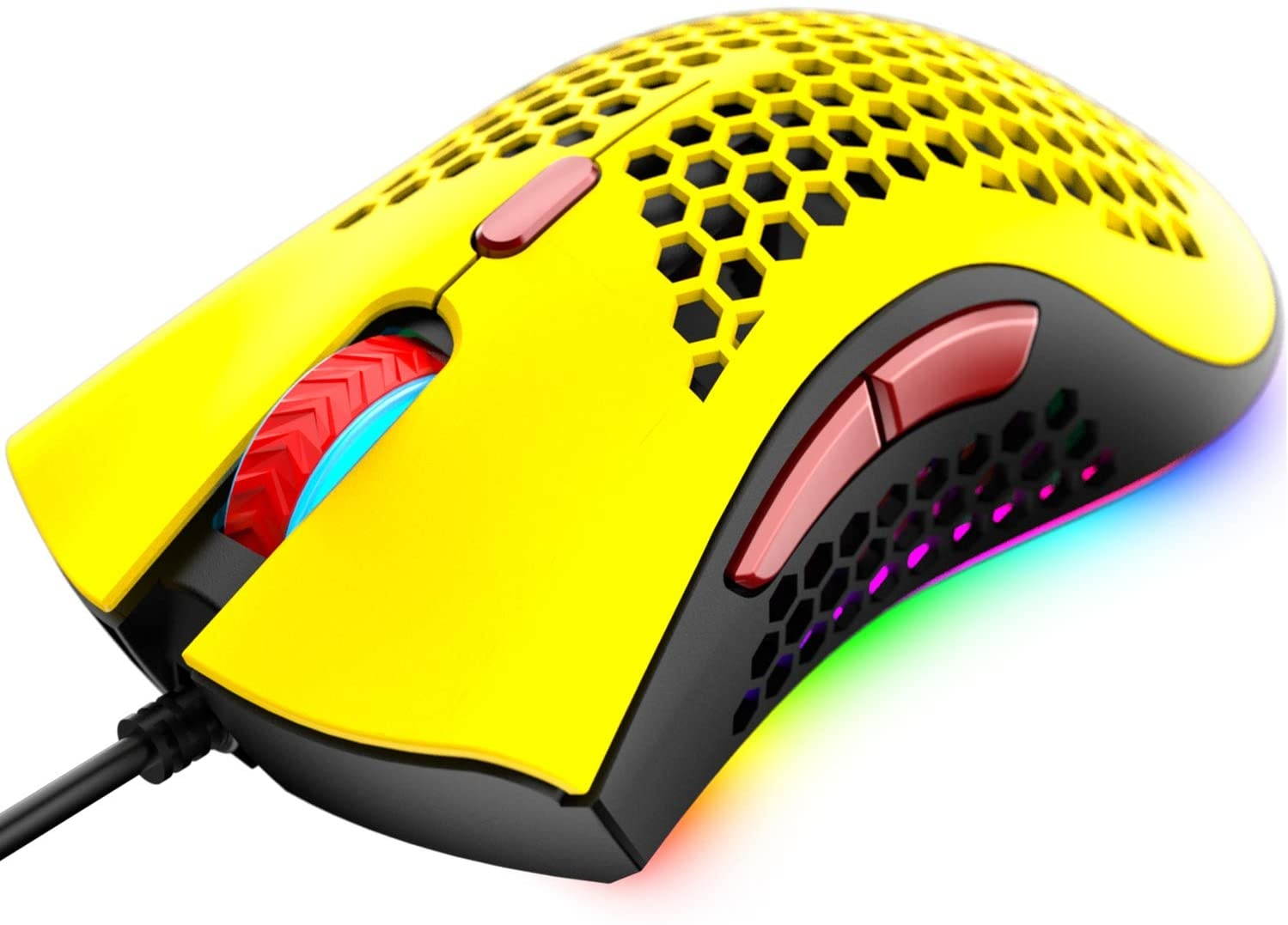 Wired Lightweight Gaming MouseUltralight Honeycomb Shell Ultraweave Cable7 Buttons Programmable DriverPixart 3325 12000 DPI10 RGB Backlit Computer Mouse for PC GamersXboxPS4 Users(Yellow)