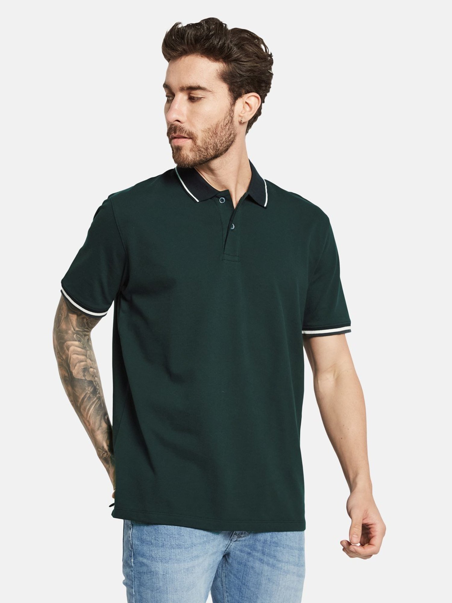 Octave Bottle Green Cotton Regular Fit Polo T-Shirt