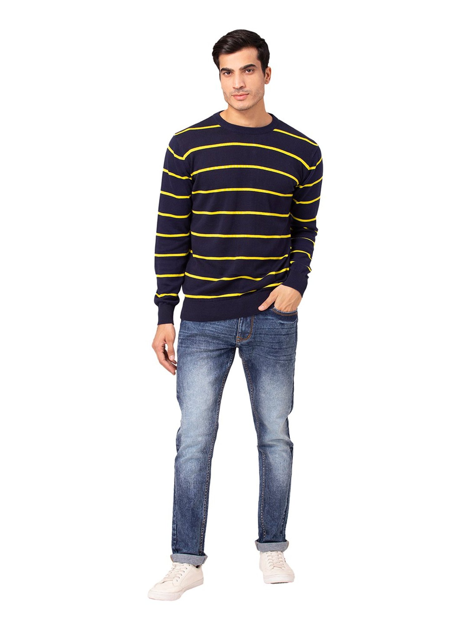 Allen cooper Navy Regular Fit Striped Sweater