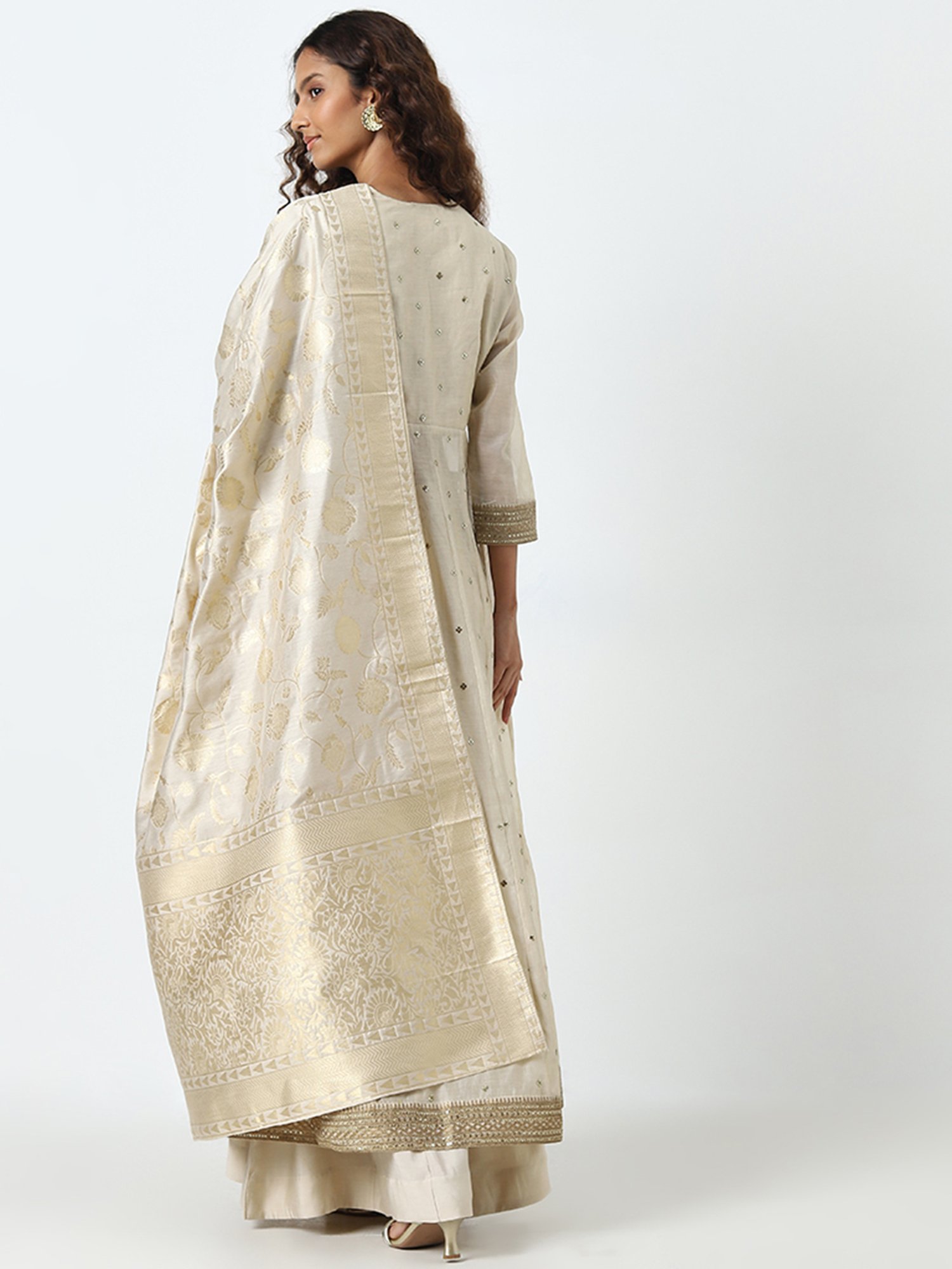 Vark by Westside Beige Embellished A-Line Kurta, Skirt and Dupatta Set