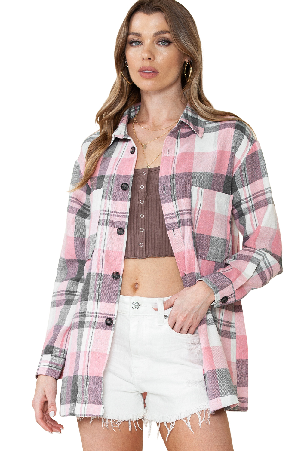 Pink Long Sleeve Collared Button Up Flannel Shacket