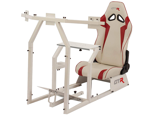 GTR Simulator GTAF-WHT-S105LBK - GTA-F Model (White) Triple or Single Monitor Stand with Black Adjustable Leatherette Seat, Racing Simulator Cockpit Gaming Chair Single Monitor Stand