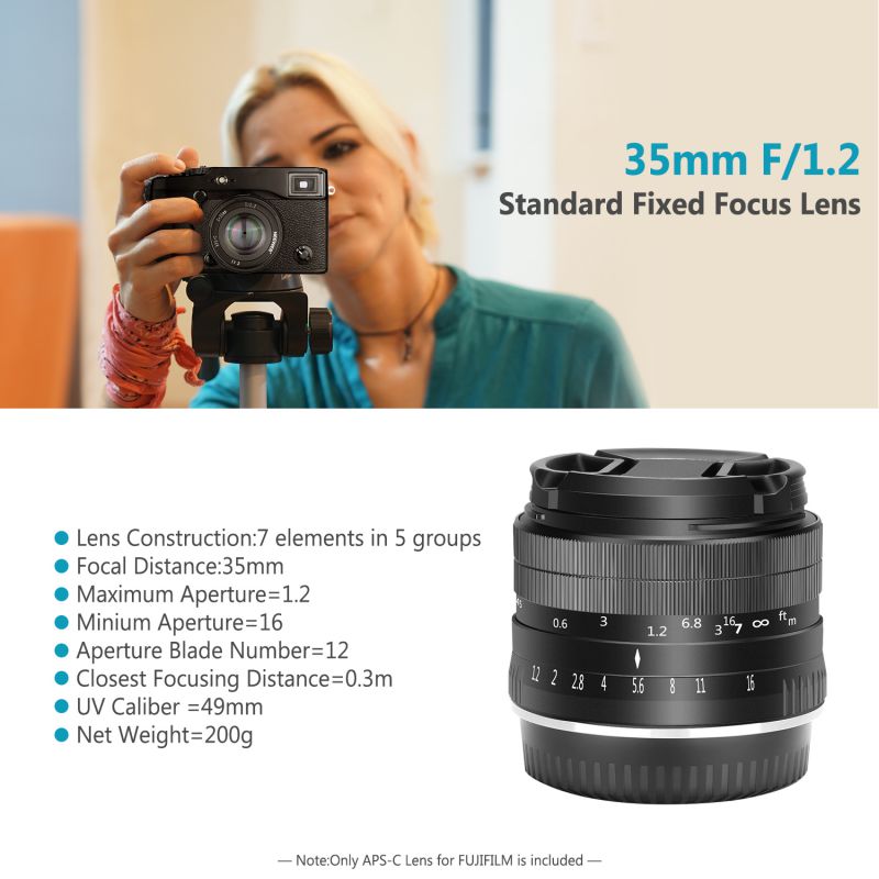 Neewer 35mm F1.2 Large Aperture Prime APS-C Aluminum manual focus  Lens for Fuji X Mount Mirrorless Cameras X-A1 X-A10 X-A2 X-A3 X-AT X-M1 X-M2 X-T1 X-T10 X-T2 X-T20 X-Pro1 X-Pro2 X-E1 X-E2 X-E2s