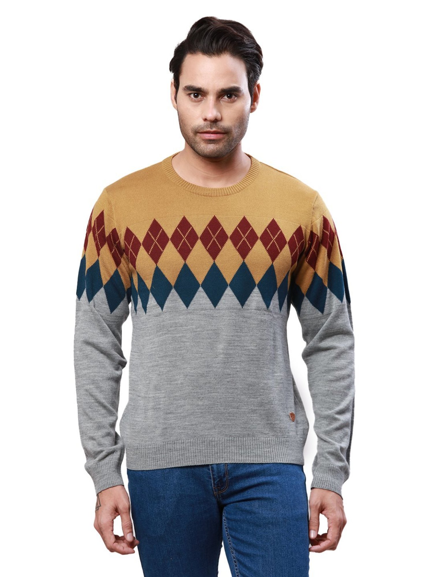 Raymond Grey & Mustard Regular Fit Argyle Sweater