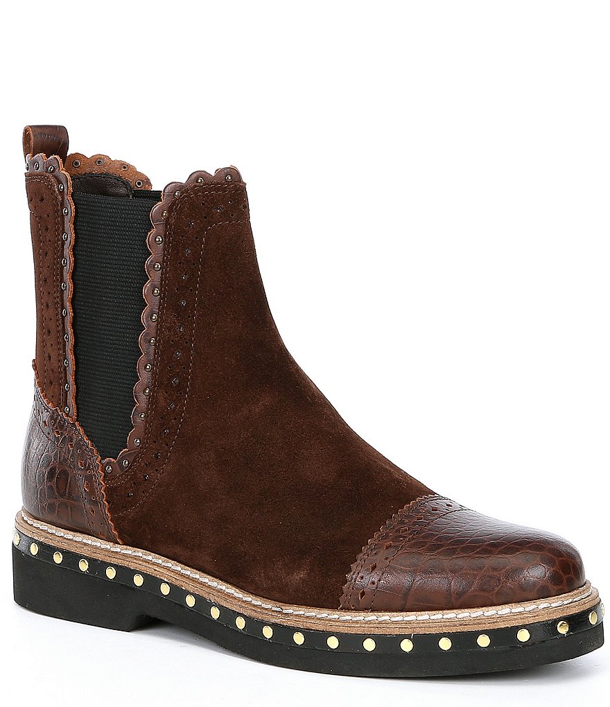 Free People Atlas Suede Croco Printed Cap Toe Studded Chelsea Booties