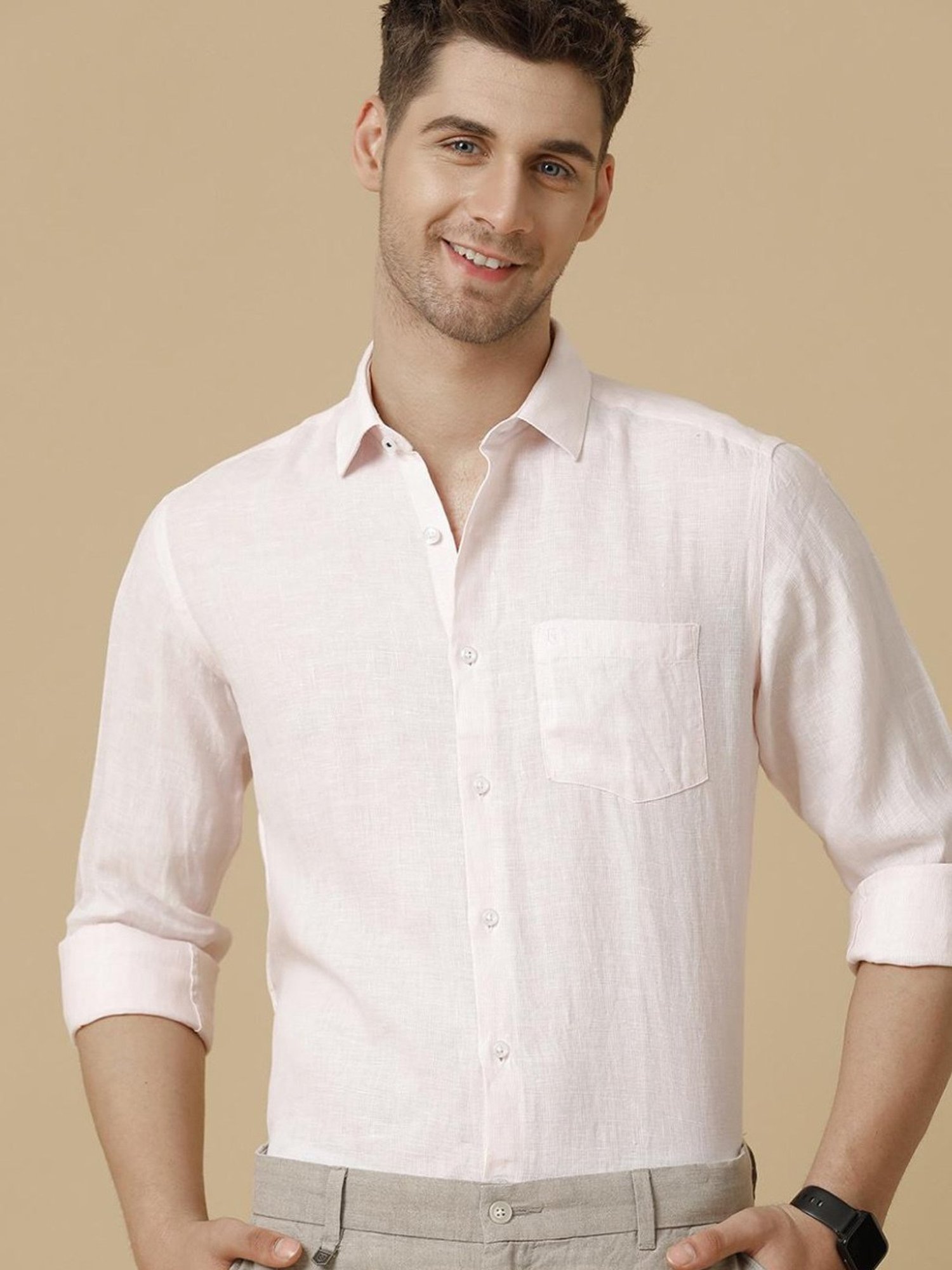 Linen Club Pink Linen Contemporary Fit Shirt