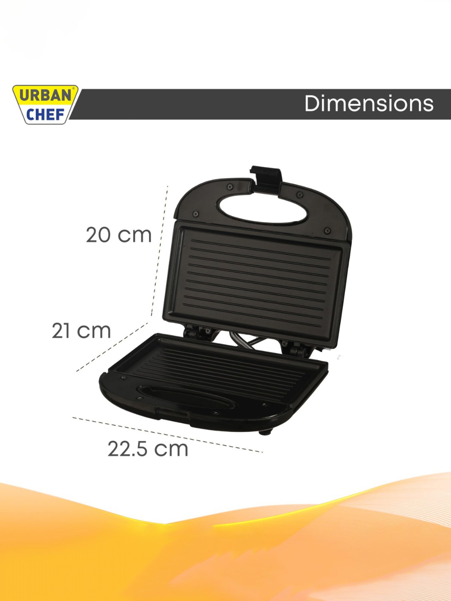 Urban Chef Sandwich Maker 750W with Non Stick Coating, Cool Touch (Black)