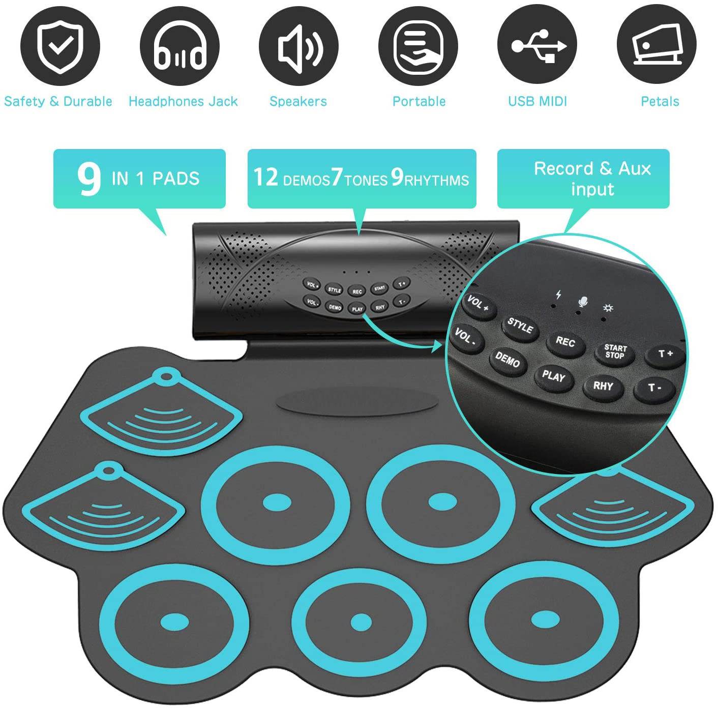 Aigrous 9 Pads Electronic Drum Set Rechargeable Drum Set with Headphone Jack,Portable Electronic Roll Up Drum Kit with Built in Speakers, Power Supply