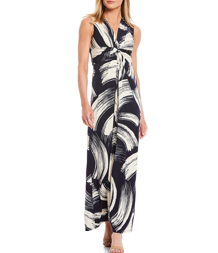 Eliza J Printed Jersey Knot Front Sleeveless Ankle Length Maxi Dress