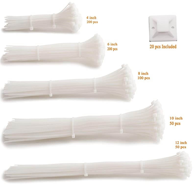 white Standard SelfLocking Nylon Cable Zip Ties Assorted Sizes 4681012 Inch with cable mount