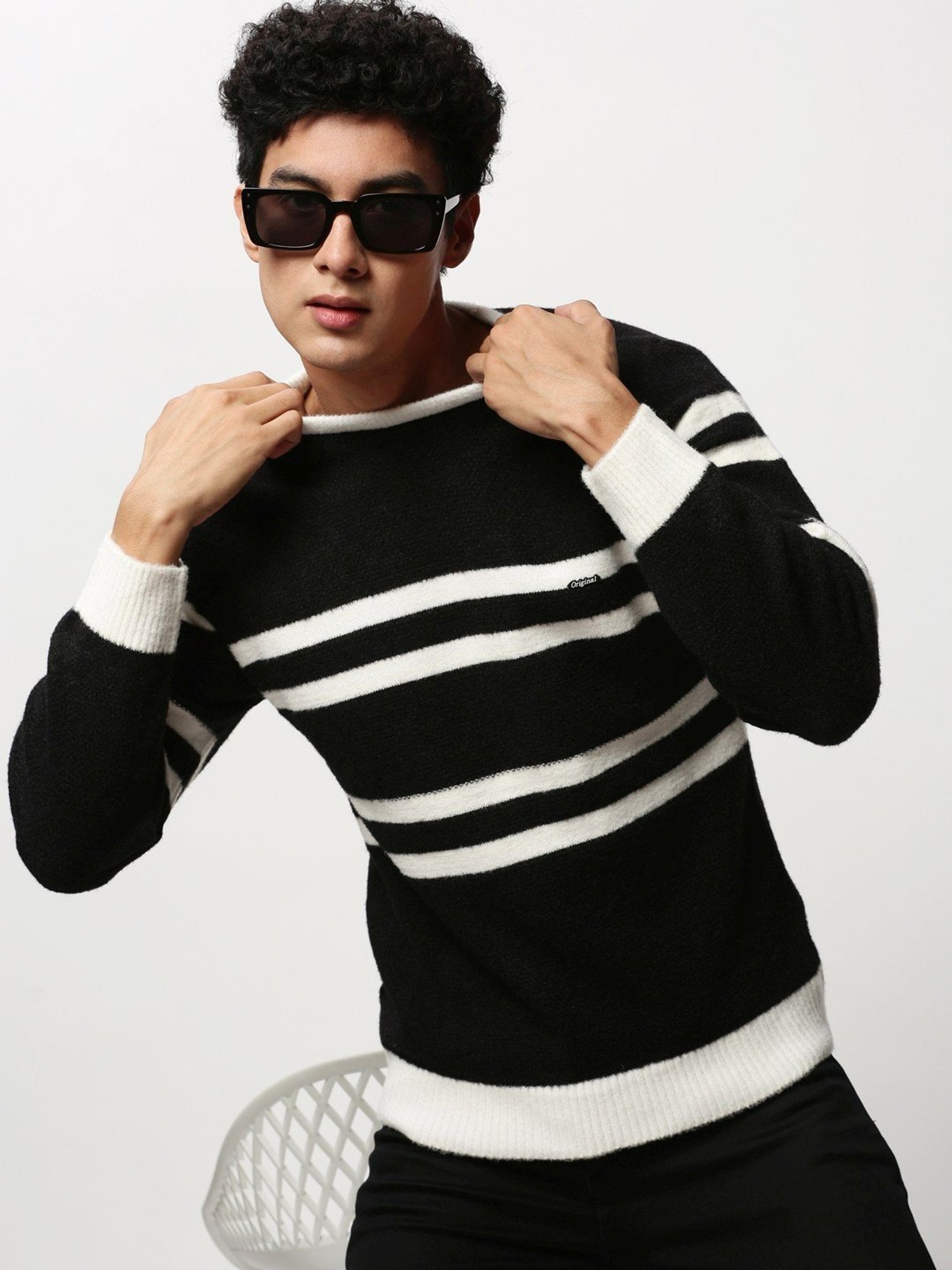 SHOWOFF Black Slim Fit Striped Sweater