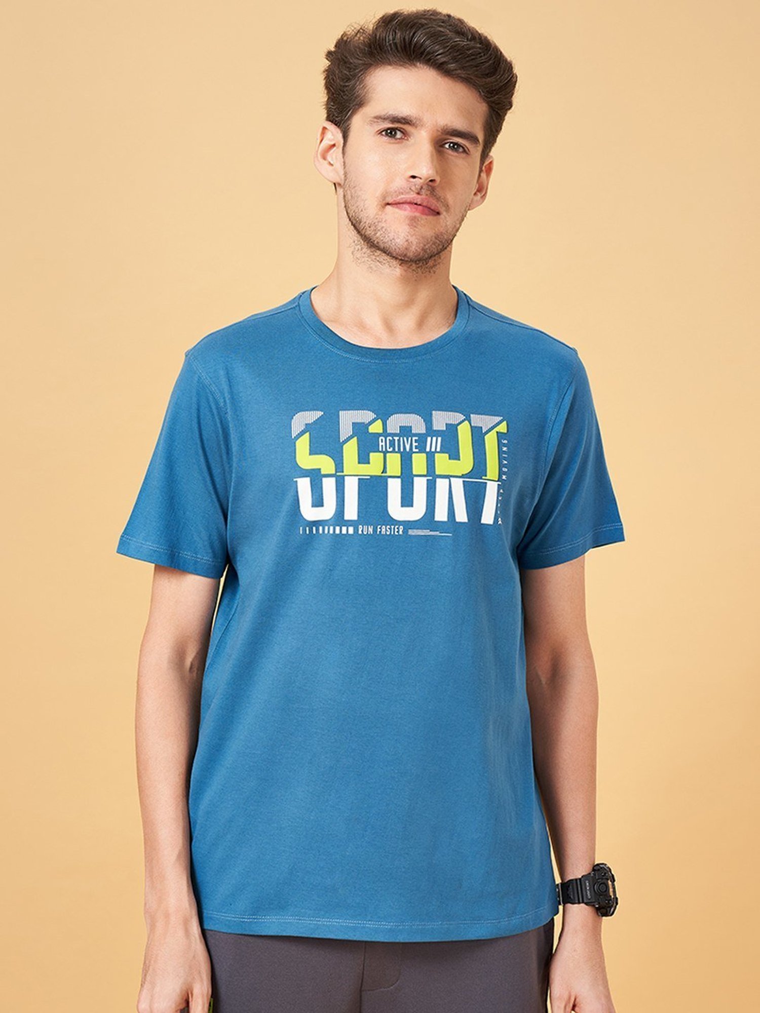 Ajile by Pantaloons Coronet Blue Cotton Slim Fit Printed T-Shirt