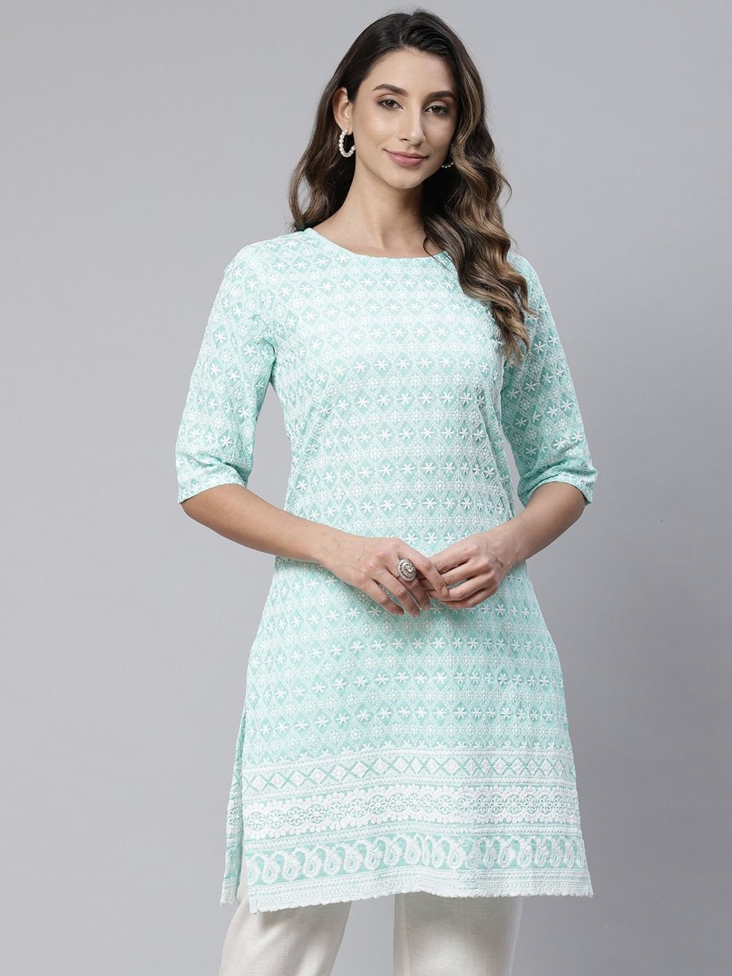 SWAGG INDIA Blue Cotton Embroidered Straight Kurti