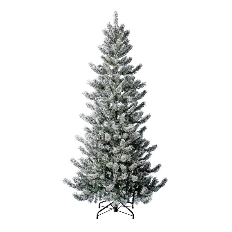 Home Heritage 7 Foot Snow Flocked Natural Pine Prelit Artificial Christmas Tree with Warm White Fairy Lights, On/Off Foot Pedal, and Metal Stand