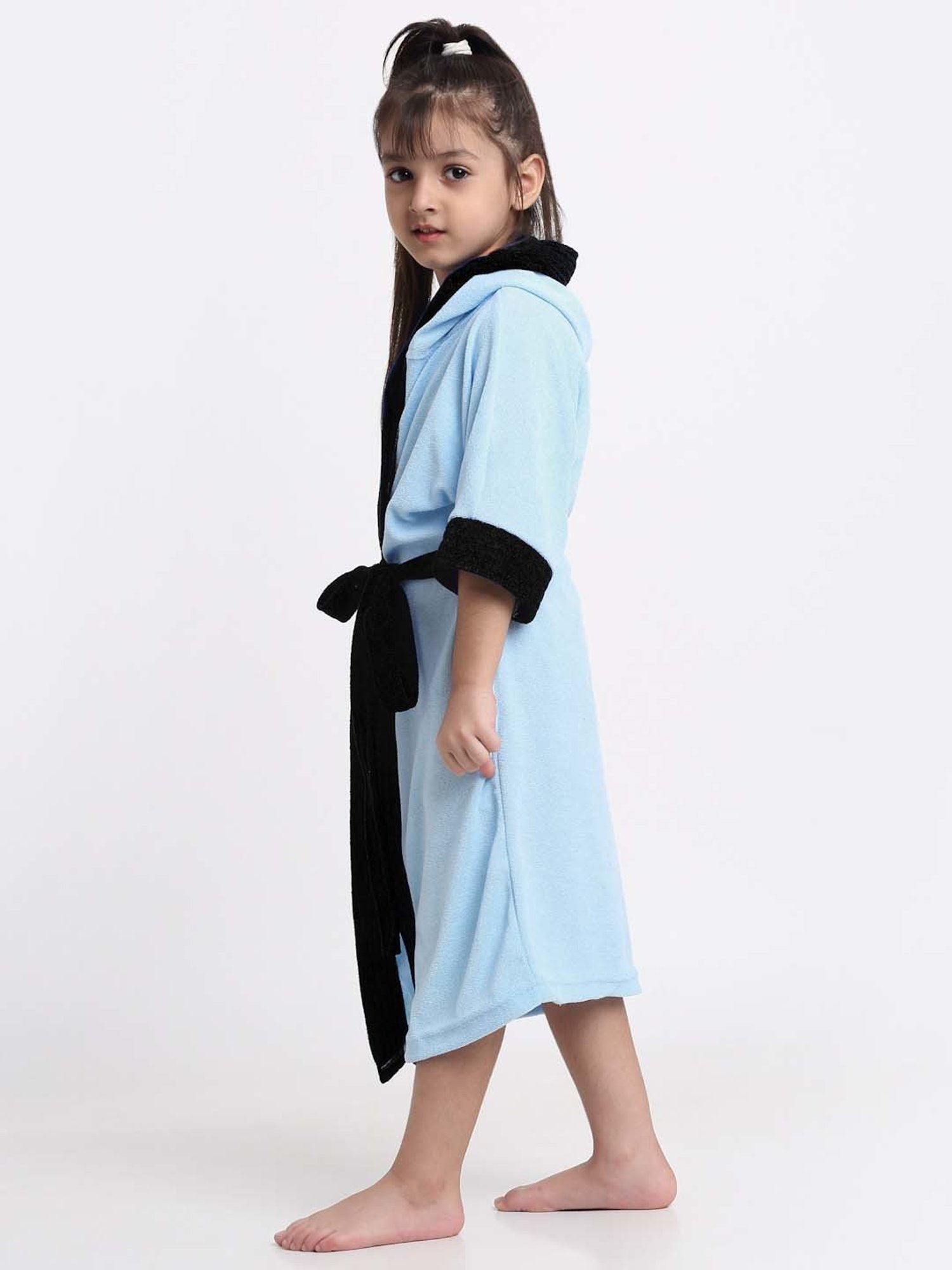 Creeva Melodious Black & Turkish Micro Terry 225 GSM Kids Hooded Bathrobe 4-5 Years With Pocket