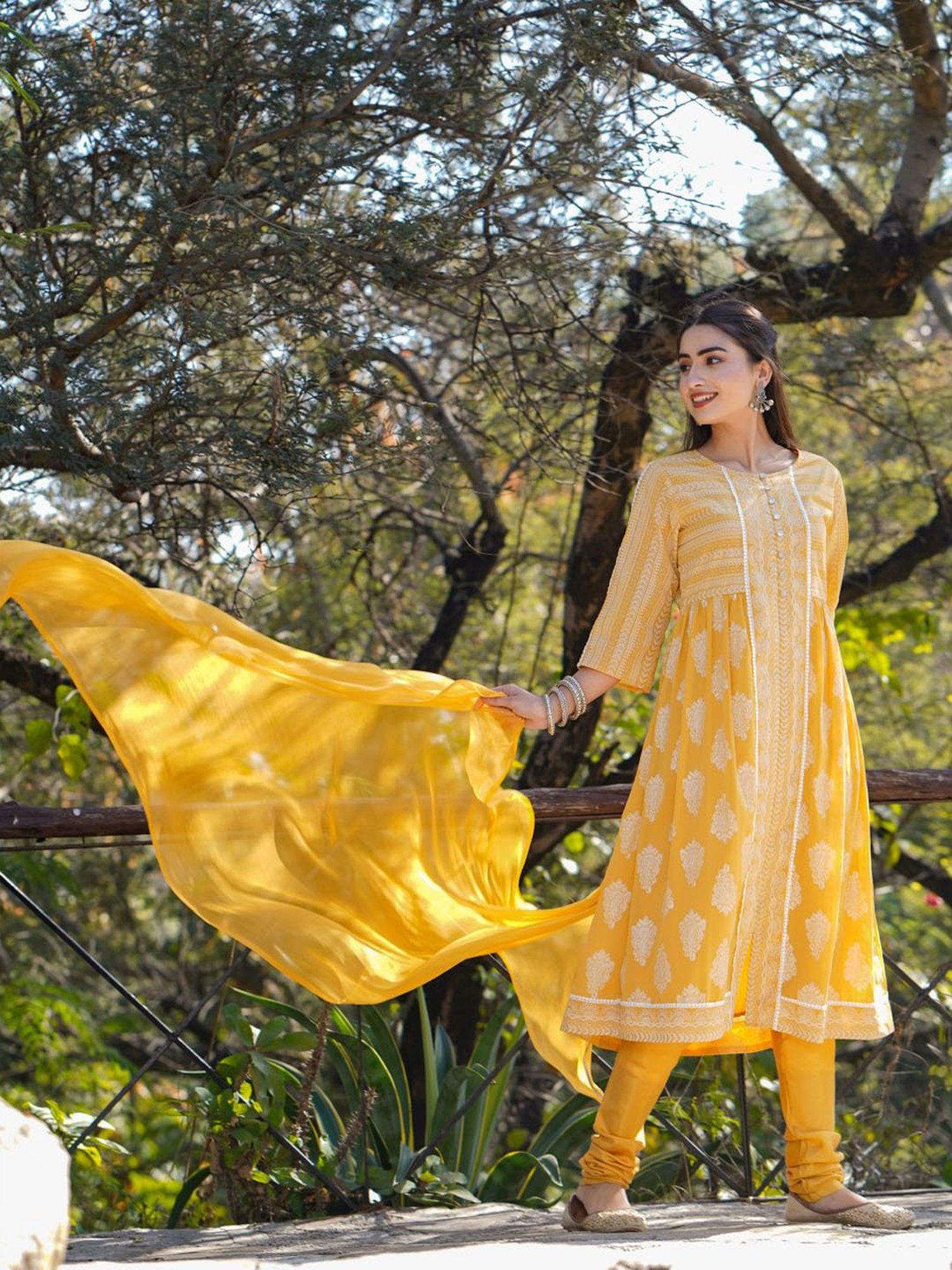 Juniper Yellow Ethnic Motif Printed Georgette Kurta Churidar & Chiffon Dupatta Set With Lace Work