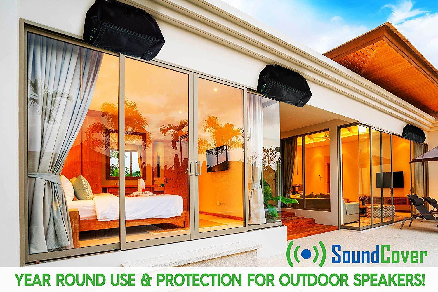 2 Black Heavy Weight Waterproof UV Protection Speaker Covers for Outdoor Speakers with Sound Flap - fits Definitive Technology AW 6500, Klipsch AW-650, Polk Audio 8, Pyle PDWR64BTB/W Speakers