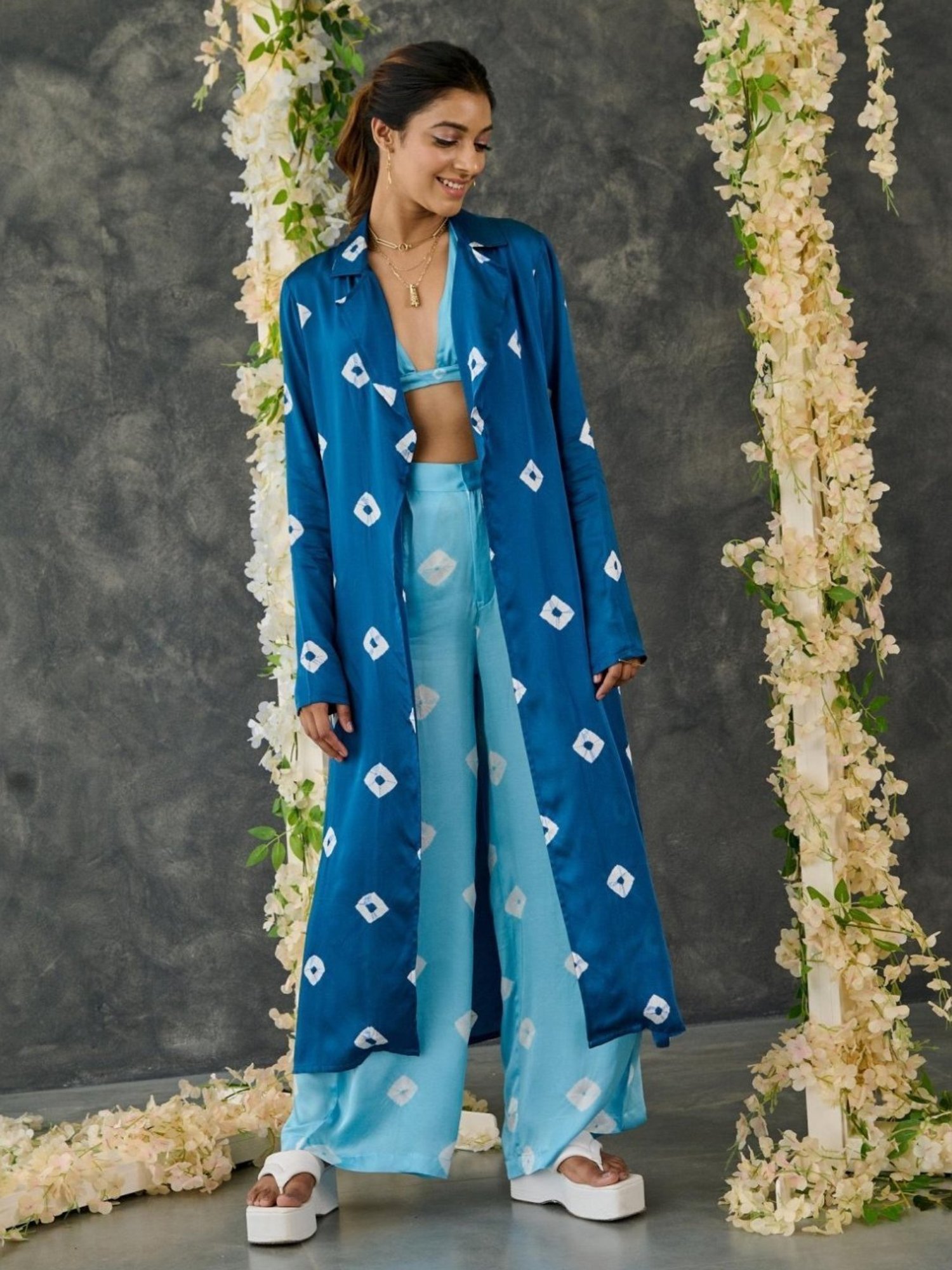 Gulaal Indigo Blue Bandhani Modal Satin Shrug with Pant