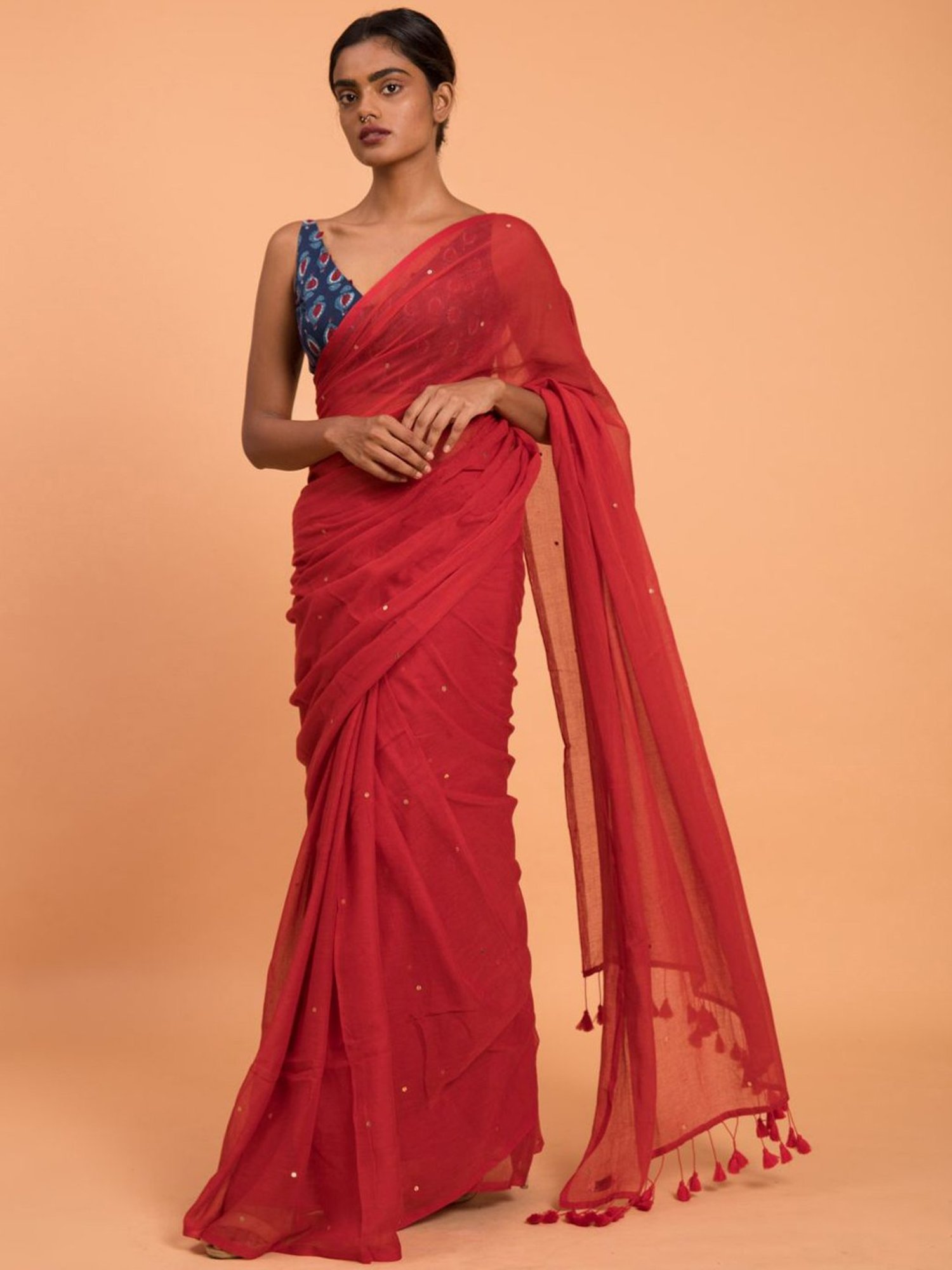 Suta Red Cotton Embellished Saree Without Blouse