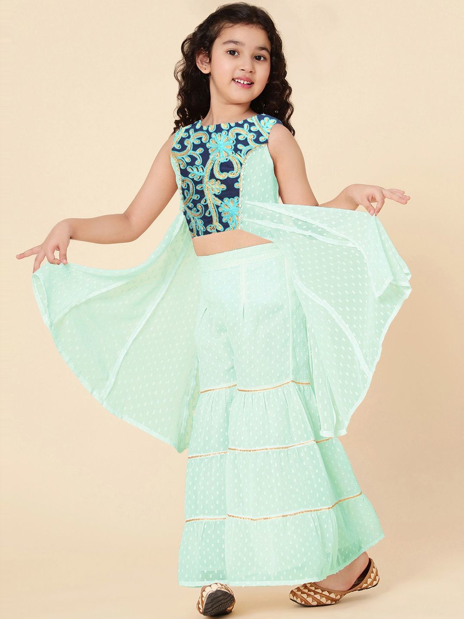 A.T.U.N. Kids Navy & Mint Green Embroidered Kurta Set