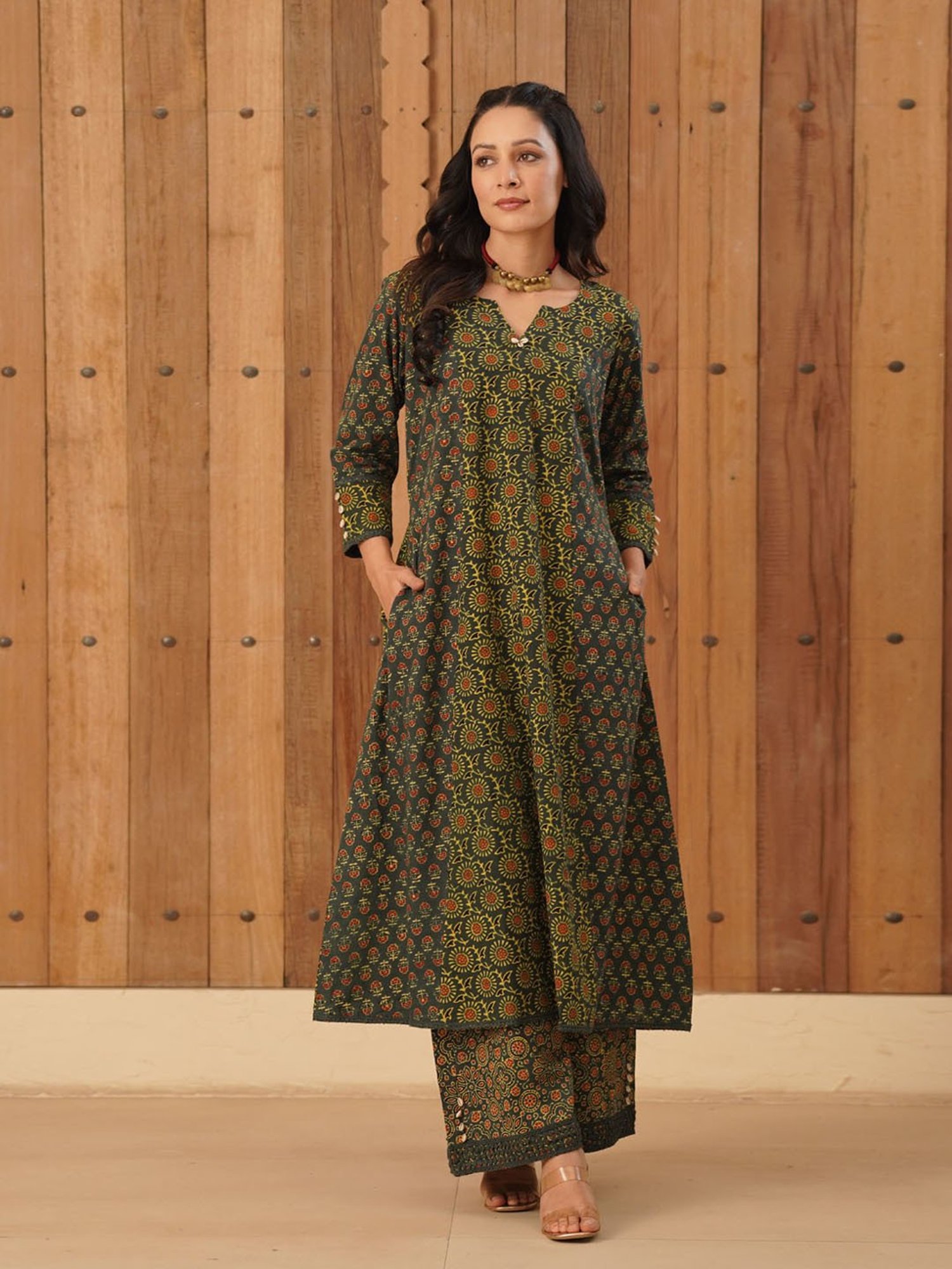 Love Chic Ajrakh A-Line Cotton Long Kurta with cowrie shells