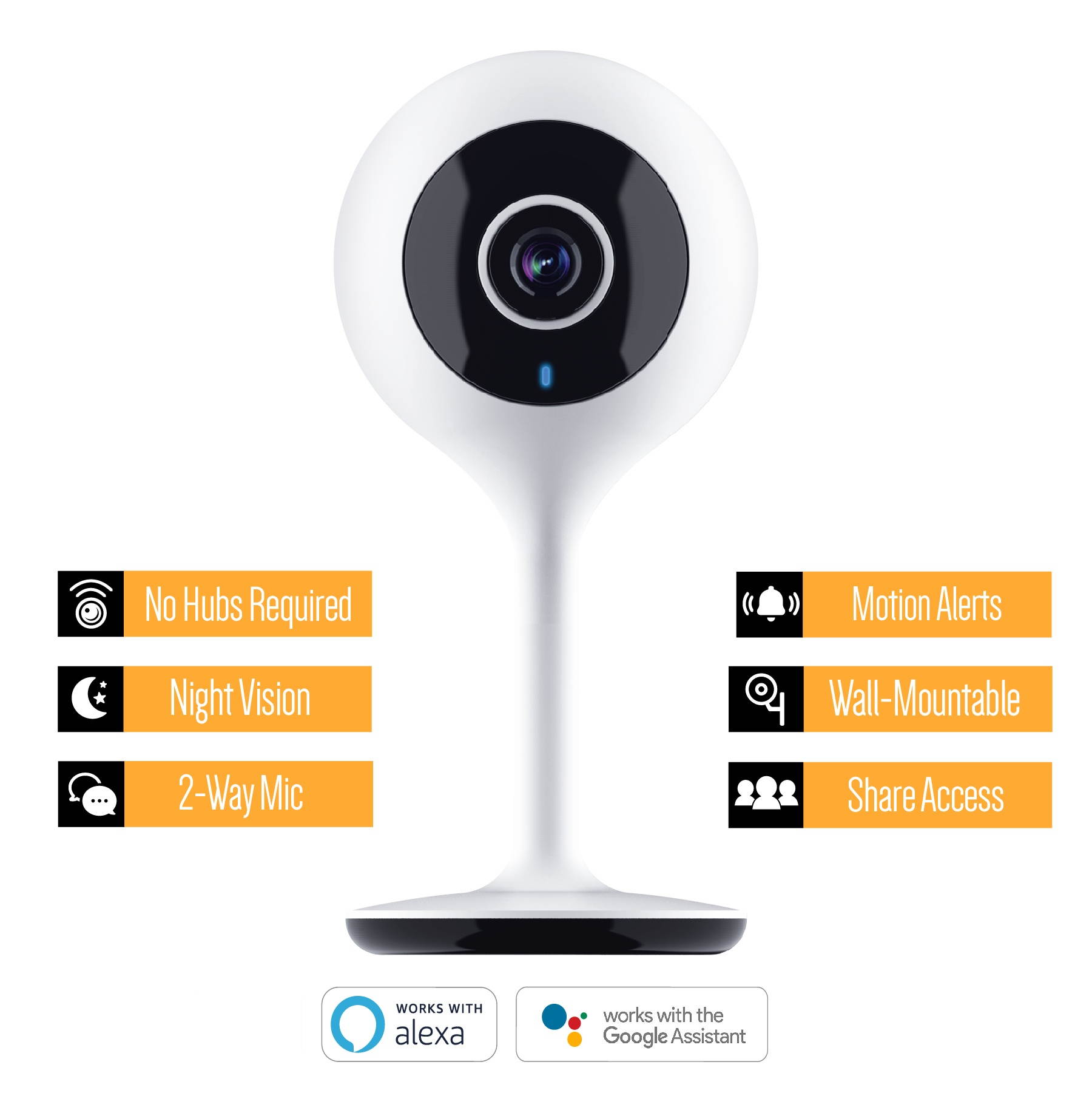 Smart WiFi 720P Camera with Voice Control, Requires 2.4GHz WiFi, White
