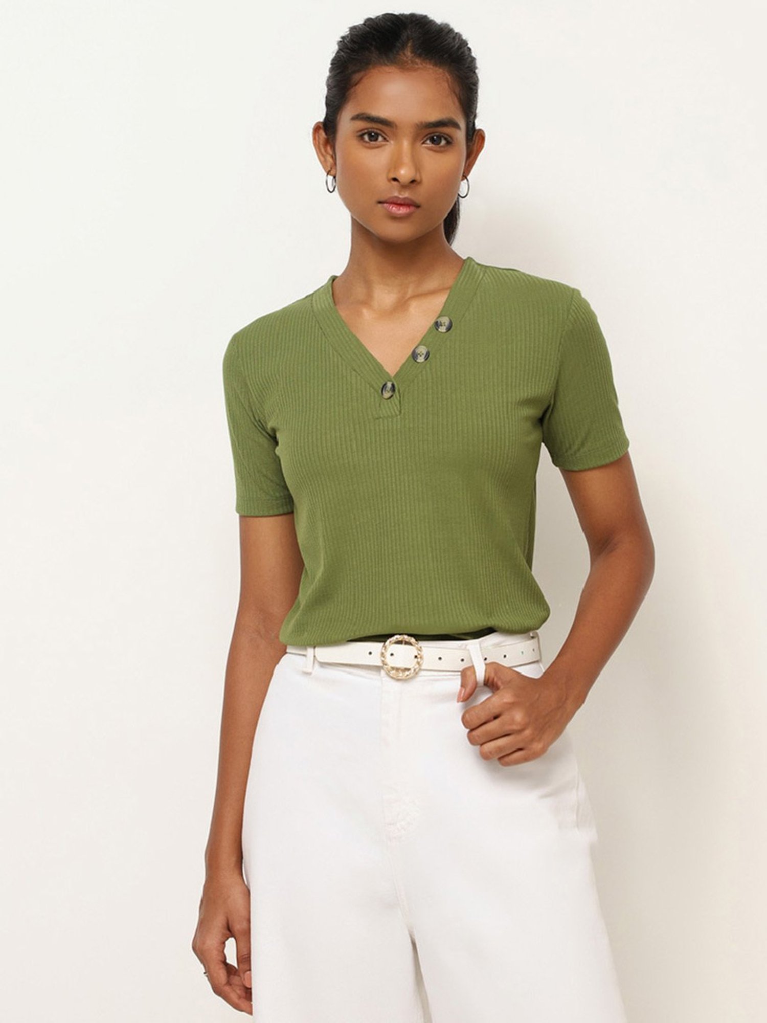 LOV by Westside Green Ribbed V Neck Top