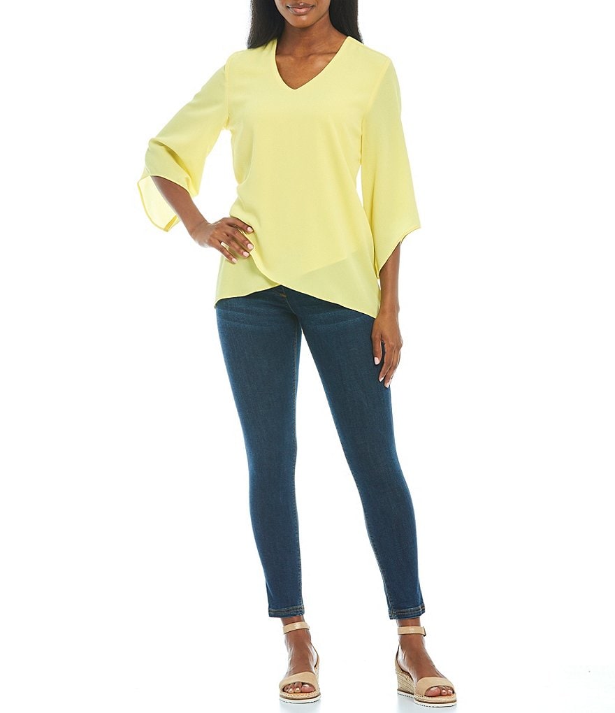 Calessa Petite Size V-Neck Crossover Hem Flute Sleeve Tunic