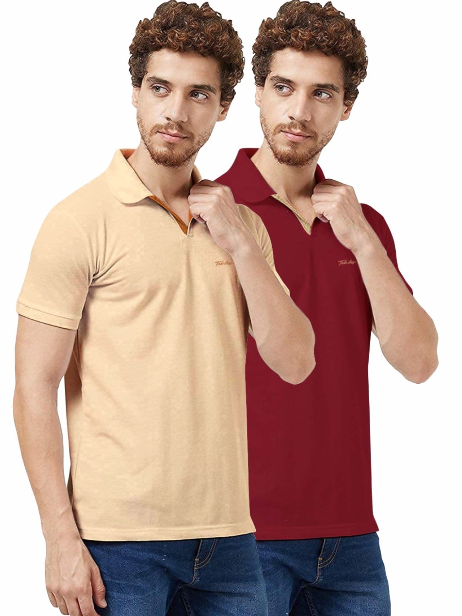 Tab91 Beige & Maroon Regular Fit Printed Polo T-Shirts