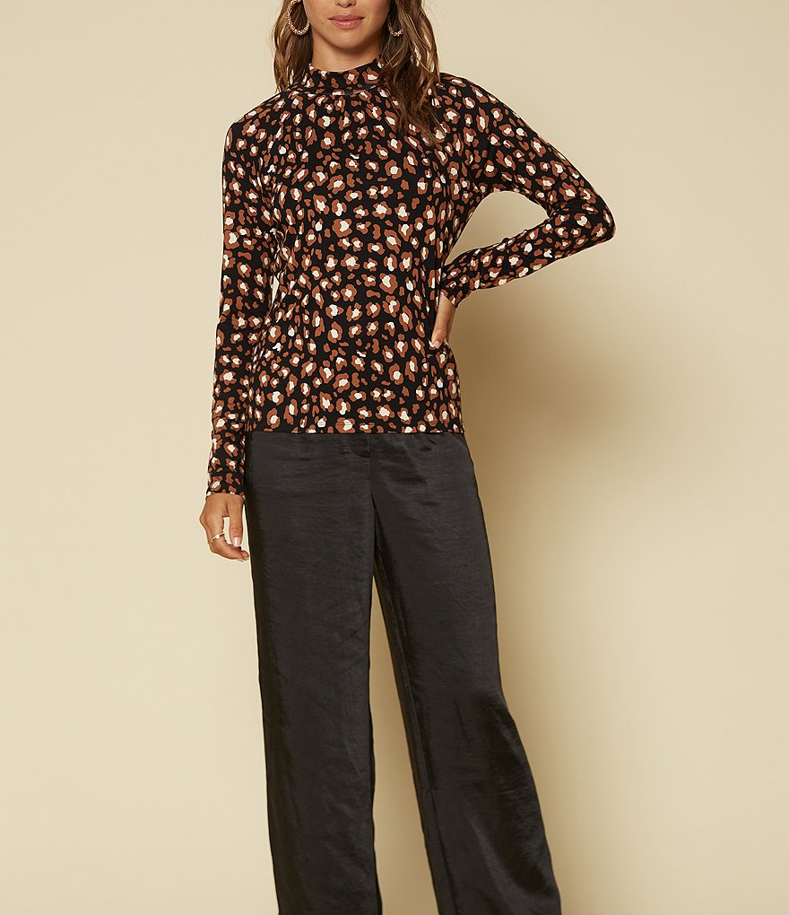 Skies Are Blue Leopard Print Mock Neck Long Sleeve Top