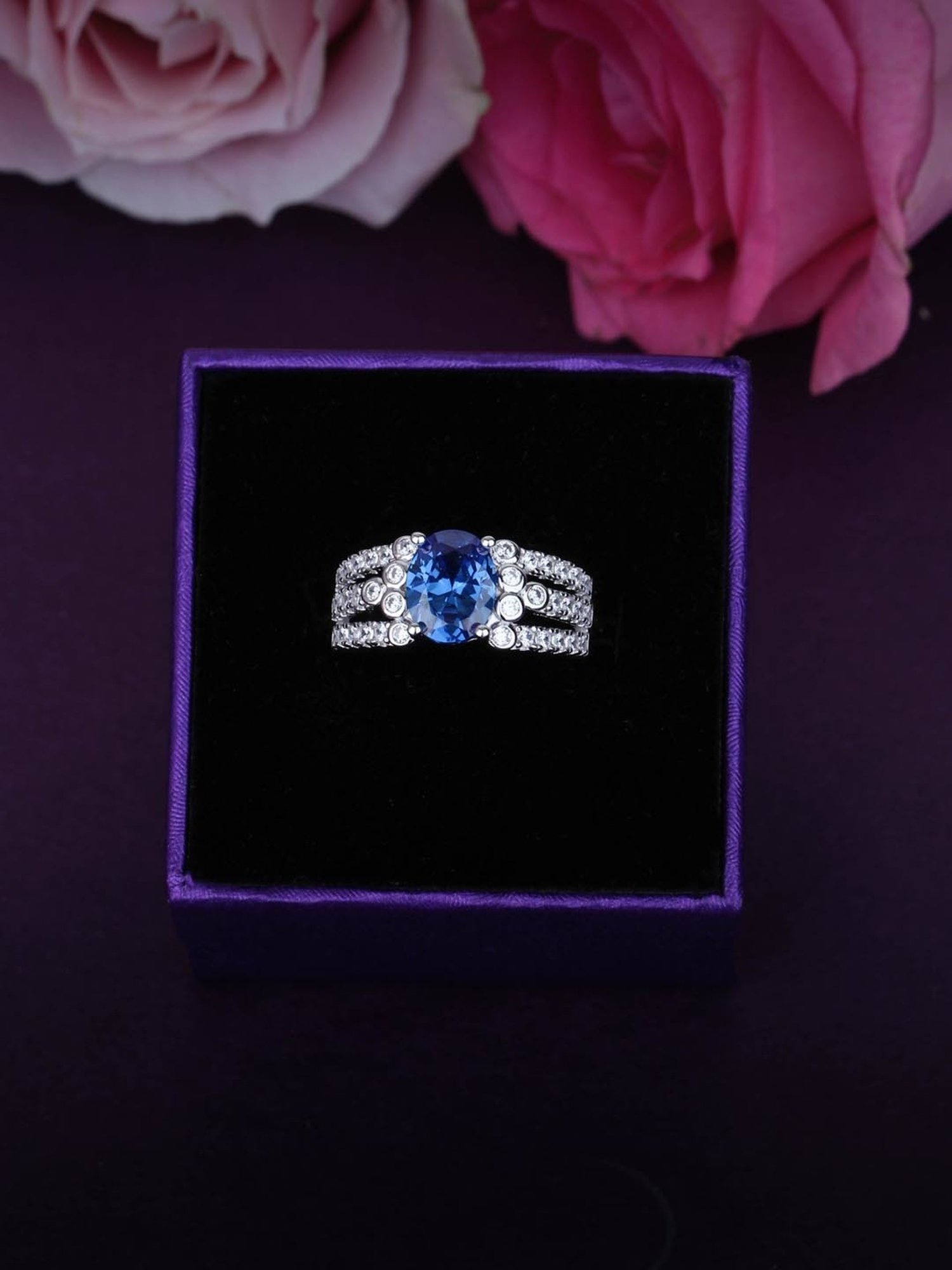 925 Silver Oval Cut Blue Sapphire and American Diamond Multi Row Ring for Women & Girls