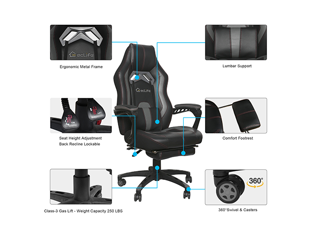 Gaming Chair Office Chair PC Chair with Massage Lumbar Support, Vantage Style PU Leather High Back Adjustable Swivel Task Chair with Footrest,Blue,GC26