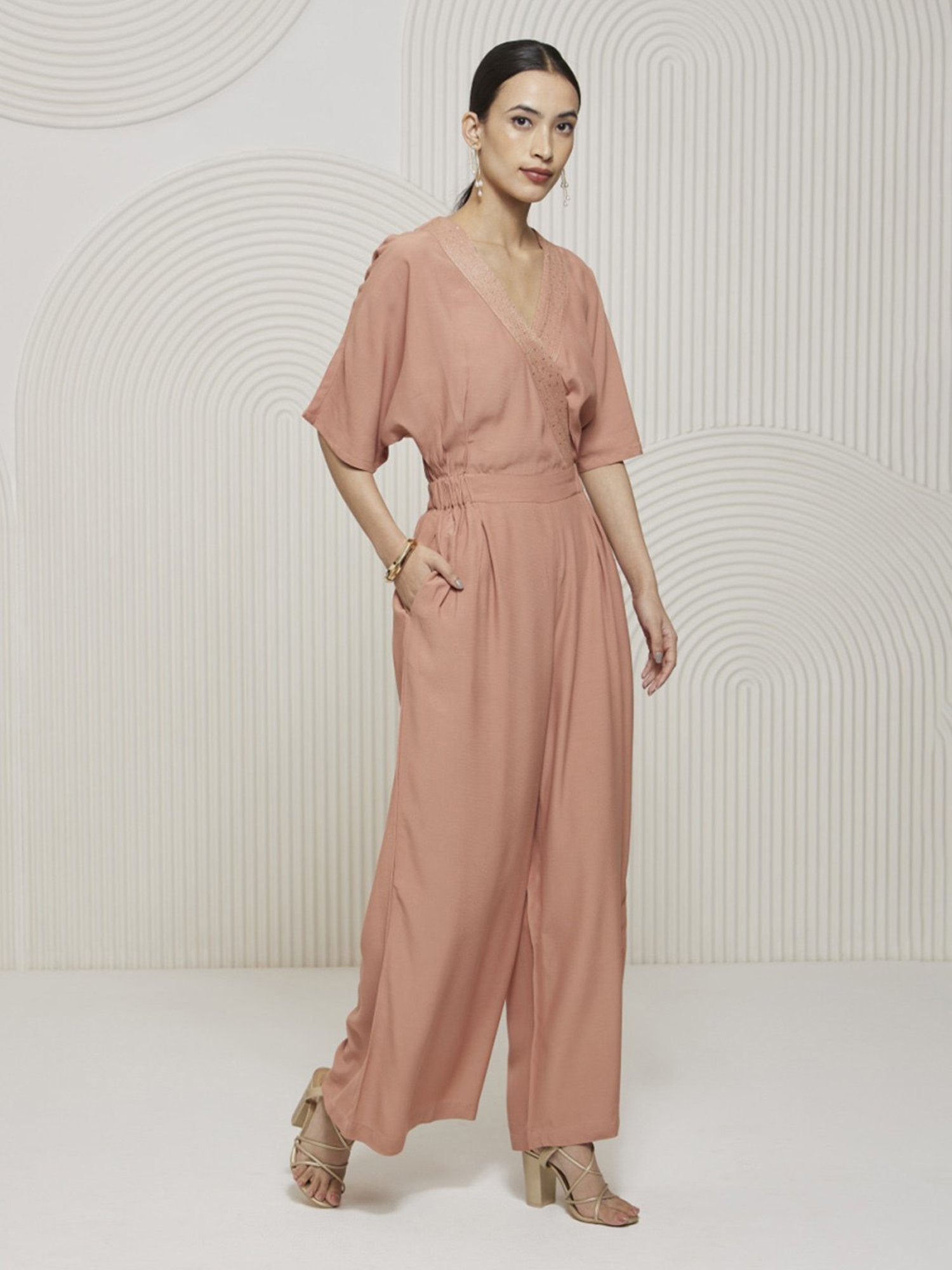 Artagai Salmon Pink Elevated Basics Jumpsuit With Kimono Sleeves