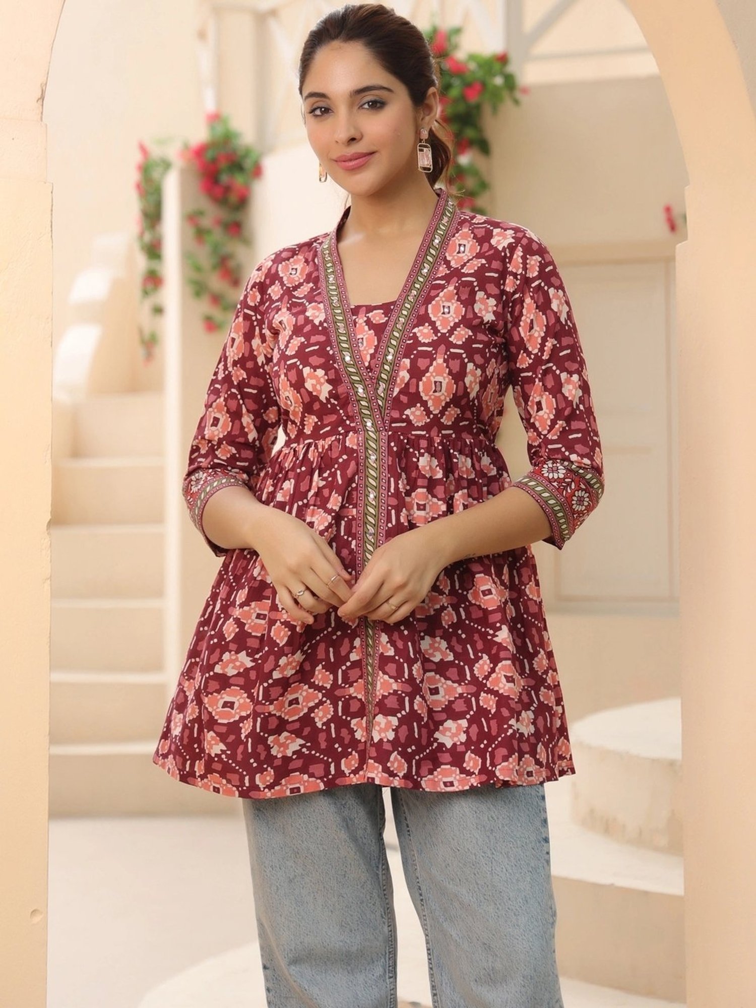 Rain and Rainbow Maroon Cotton Printed Top