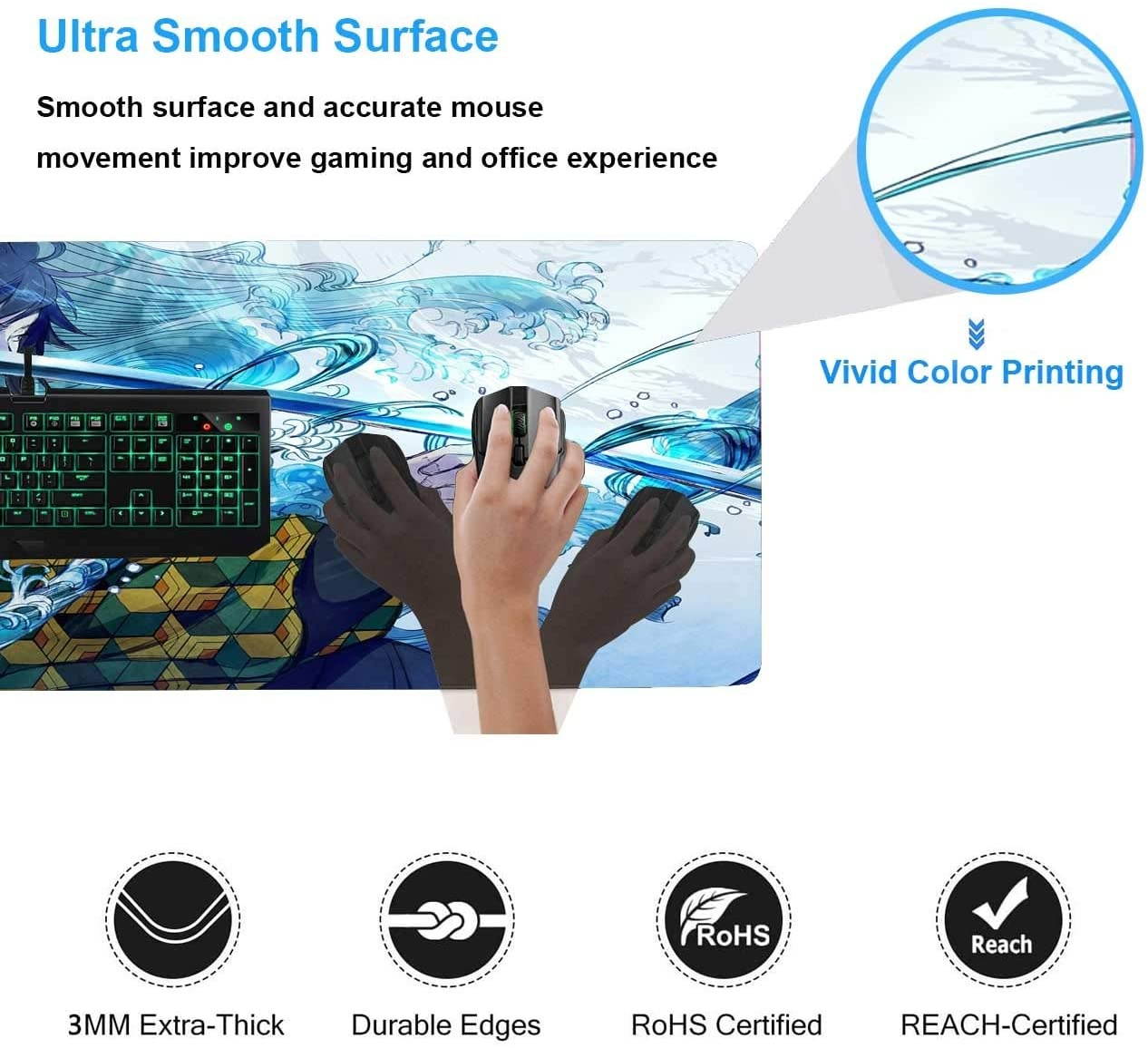 Gaming Mouse Pad Anime Demon Slayer Giyu Tomioka Katana,Laptop Desk Pad,Mousepad with Stitched Edge Frame & Non-Slip Rubber Base,Computer Keyboard and Mice Pads Mouse Mat 23.6X11.8