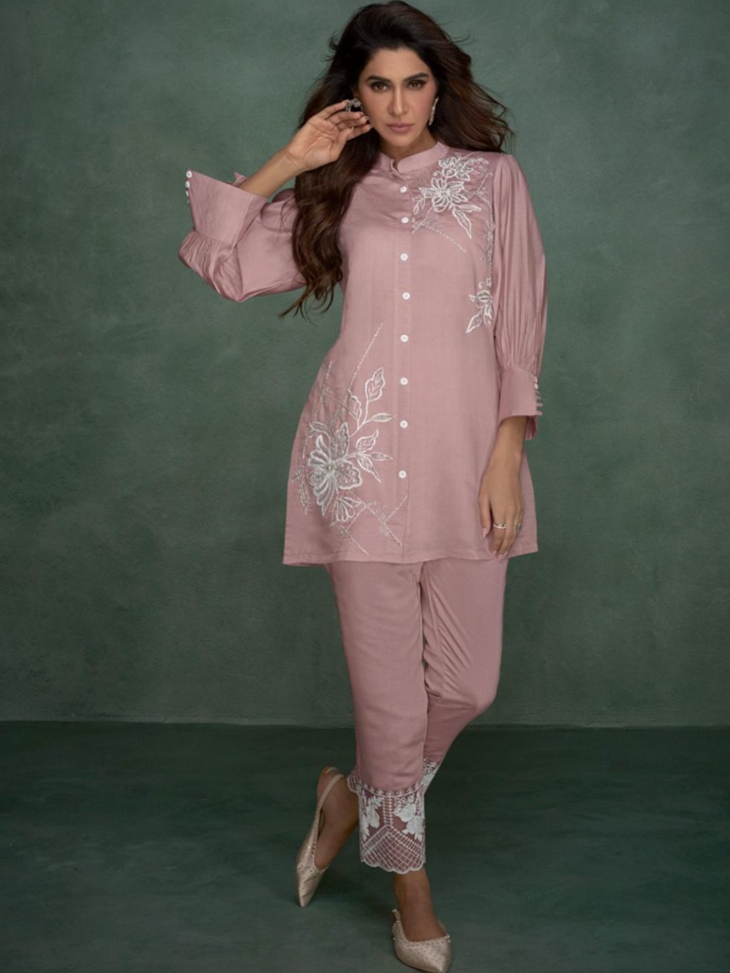 Autumnlane Pink Selena Flamingo Embroidery Tunic with Pant Co-ord Set