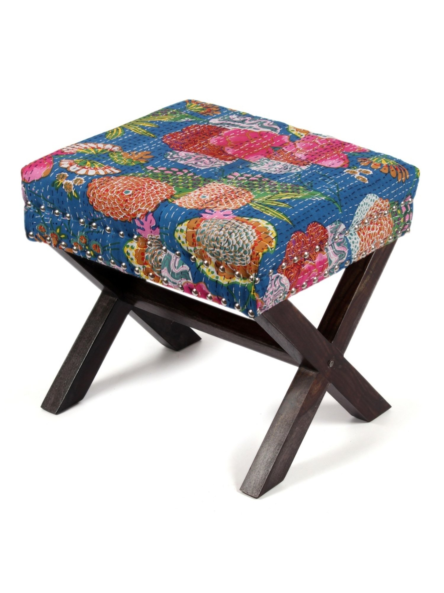 Chumbak Spring Marigold Floral Green Mango Wood Modern Trunk Storage Ottoman