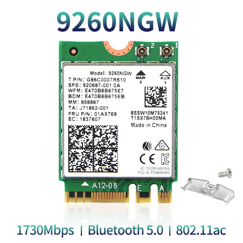 Wireless-AC Intel 9260 9260NGW Adapter For M.2 Key E NGFF Wifi Network Card 9260AC, Wi-Fi + Bluetooth 5.0, Up to 1730Mbps-5G, 300Mbps-2.4G, Dual Band, IEEE 802.11ac, MU-MIMO, Windows 10 for Laptop PC