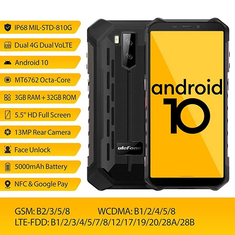 Rugged Smartphone  Armor X5 (2020), Waterproof IP68 Dual SIM Unlocked Phones, Global 4G LTE, 8-Octa-core Android 10, 3GB+32GB, 5000mAh Battery, Face Recognition, Bluetooth, NFC, Compass -Black