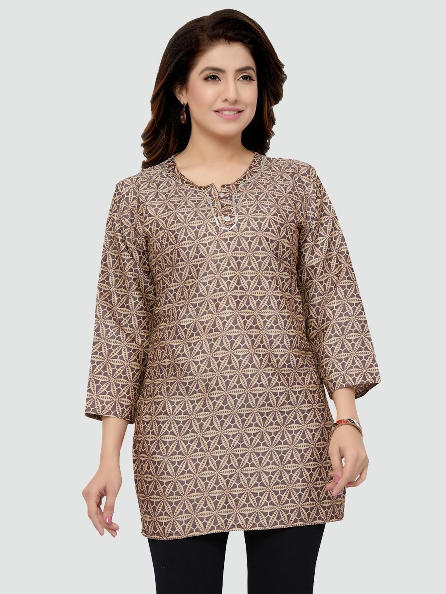 Saree Swarg Beige & Grey Printed Straight Kurti