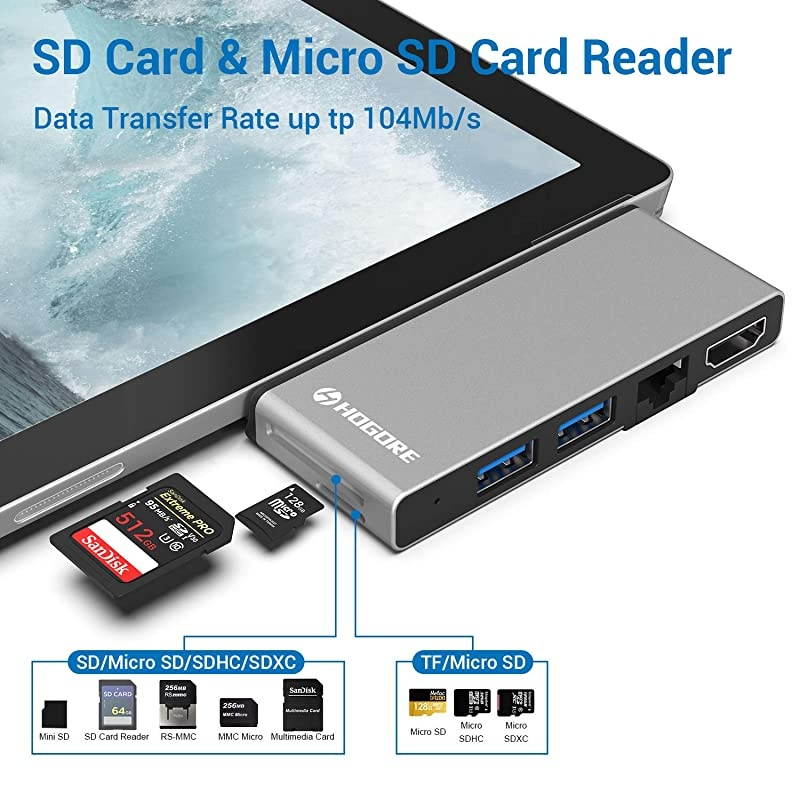 Surface Pro Hub  6in2 Surface Pro 654 Adapter with 4K HDMI 2USB30 Gigabit Ethernet SDTF Card Reader for Microsoft Surface Pro 6 4 5 Accessories Surface Pro Docking Station