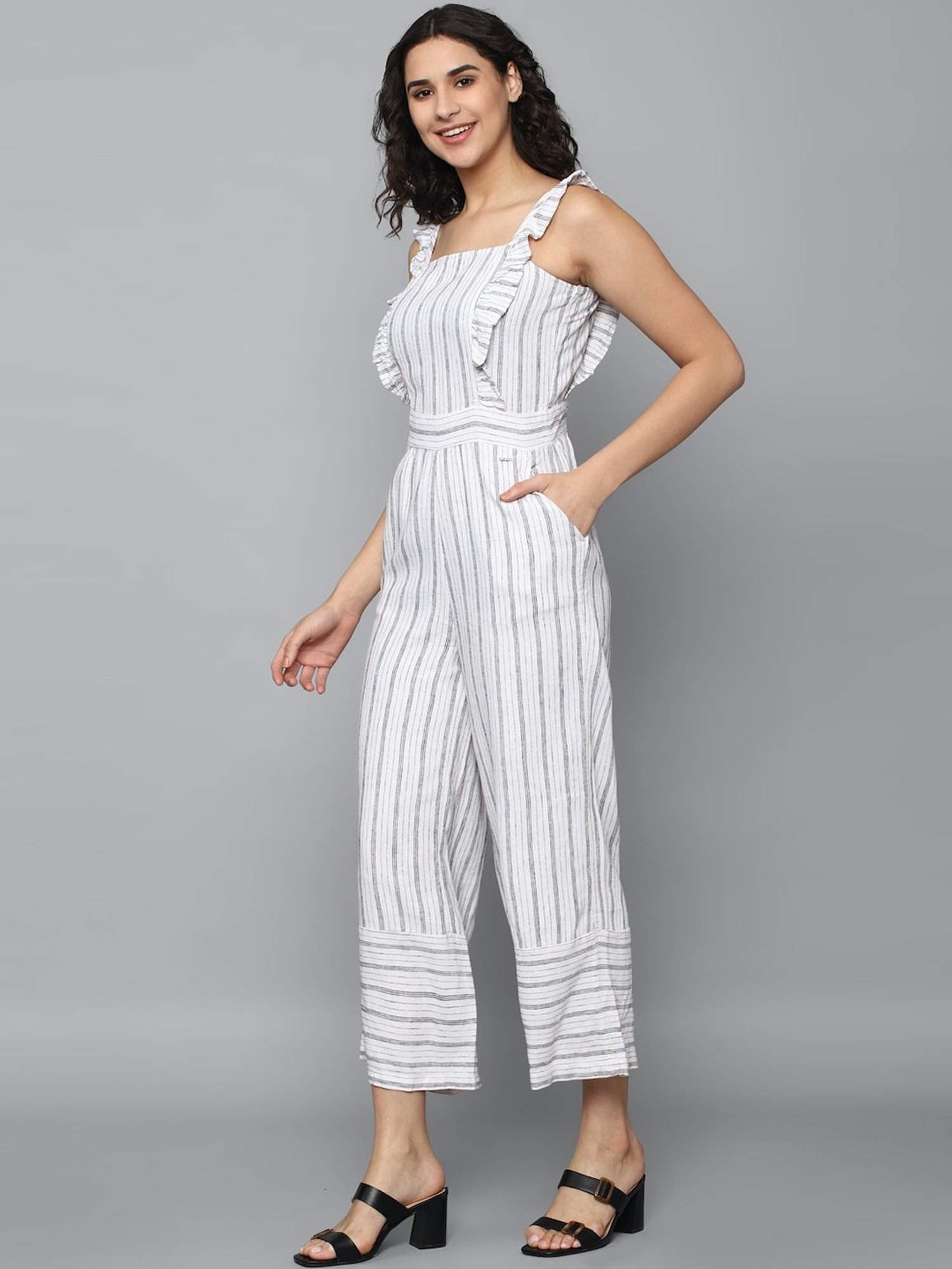 Allen Solly White & Grey Striped Jumpsuit