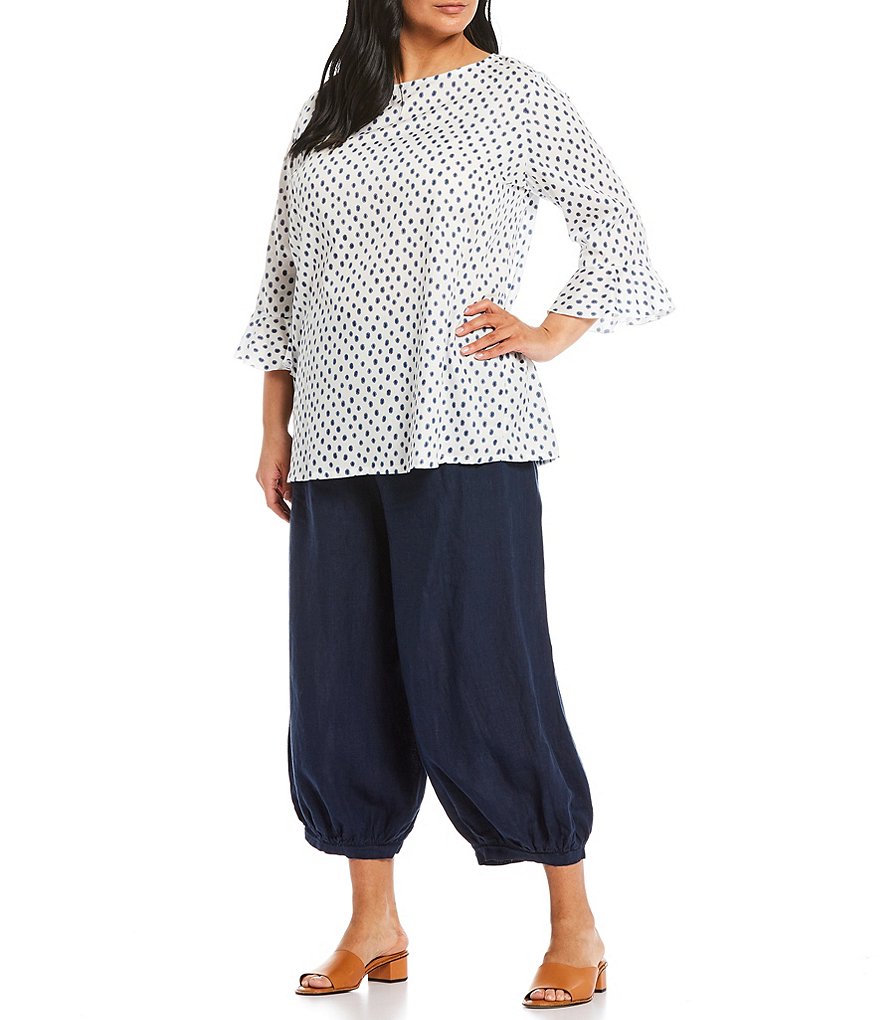 Bryn Walker Plus Size Chiara Jewel Neck 3/4 Ruffle Sleeve Cotton Dotted Blouse