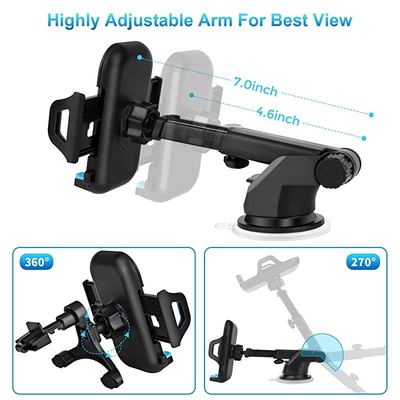 car Holder,Cell Holder for car(with Air Vent Clip) for Car Dashboard Windshield,Long Arm Strong Suction,Compatible All  Mobile s
