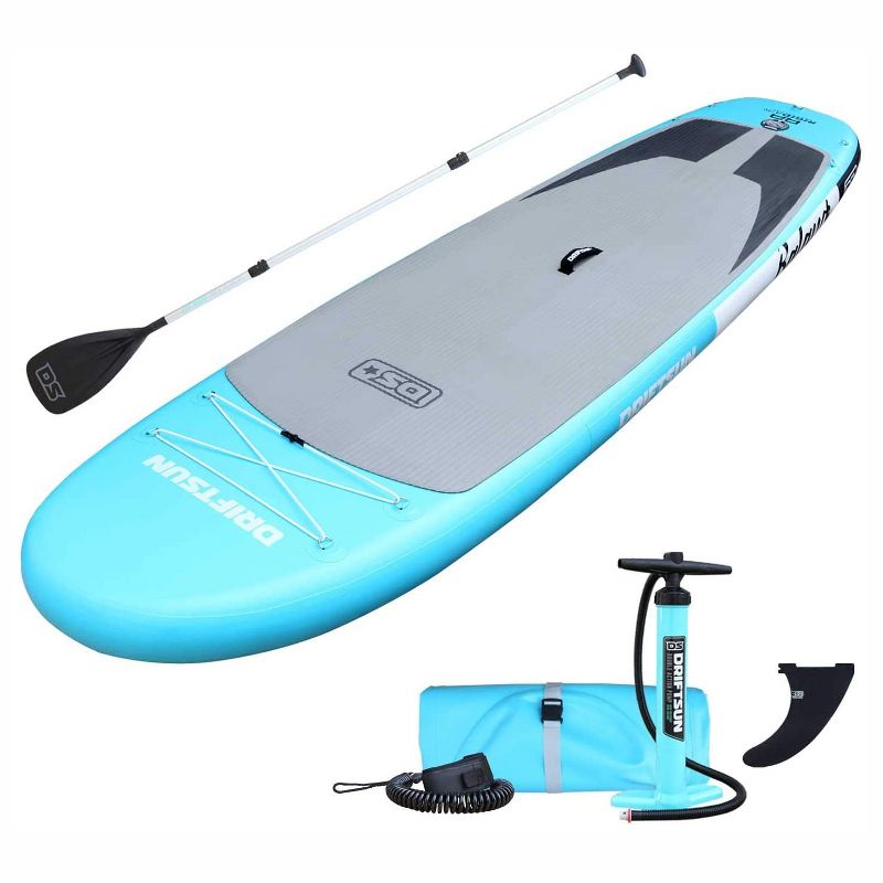 Driftsun 11 Foot Extra Wide Inflatable Stand Up Paddle Board Package with Rolling Travel Storage Backpack, Foldable Aluminum Pole, and More, Teal