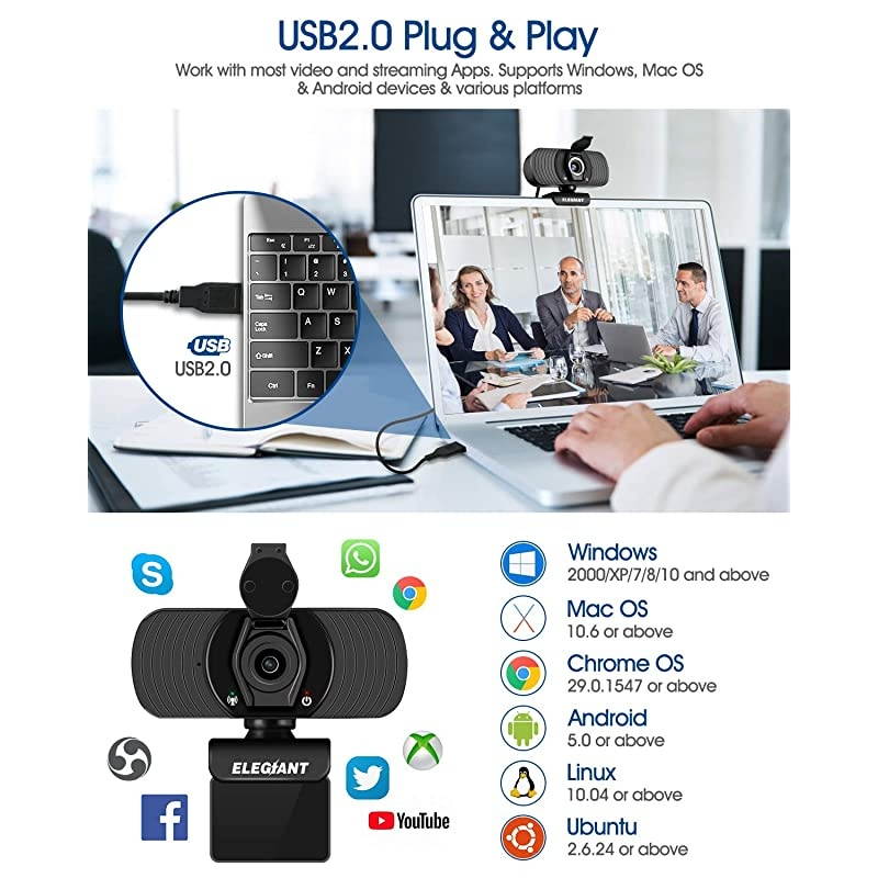 1080P Web Camera, HD Webcam with Microphone & Privacy Cover,  USB Webcam Camera for Computer, Plug and Play, Compatible with Zoom Skype OBS Whatsapp Teams Online Teaching