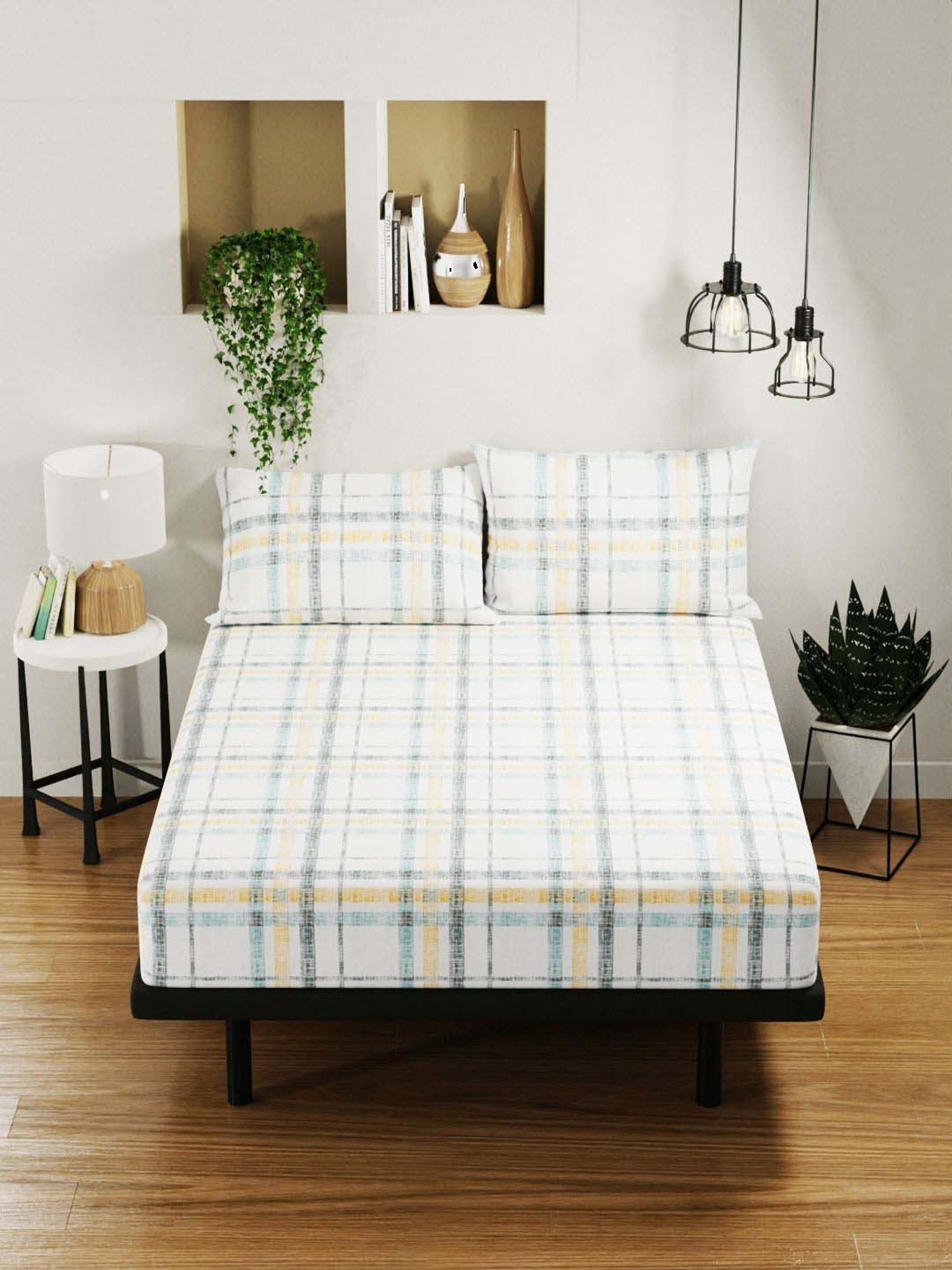 BIANCA Platinum Blue & Gold Cotton 144 TC Double Size Bed Sheet With Pillow covers