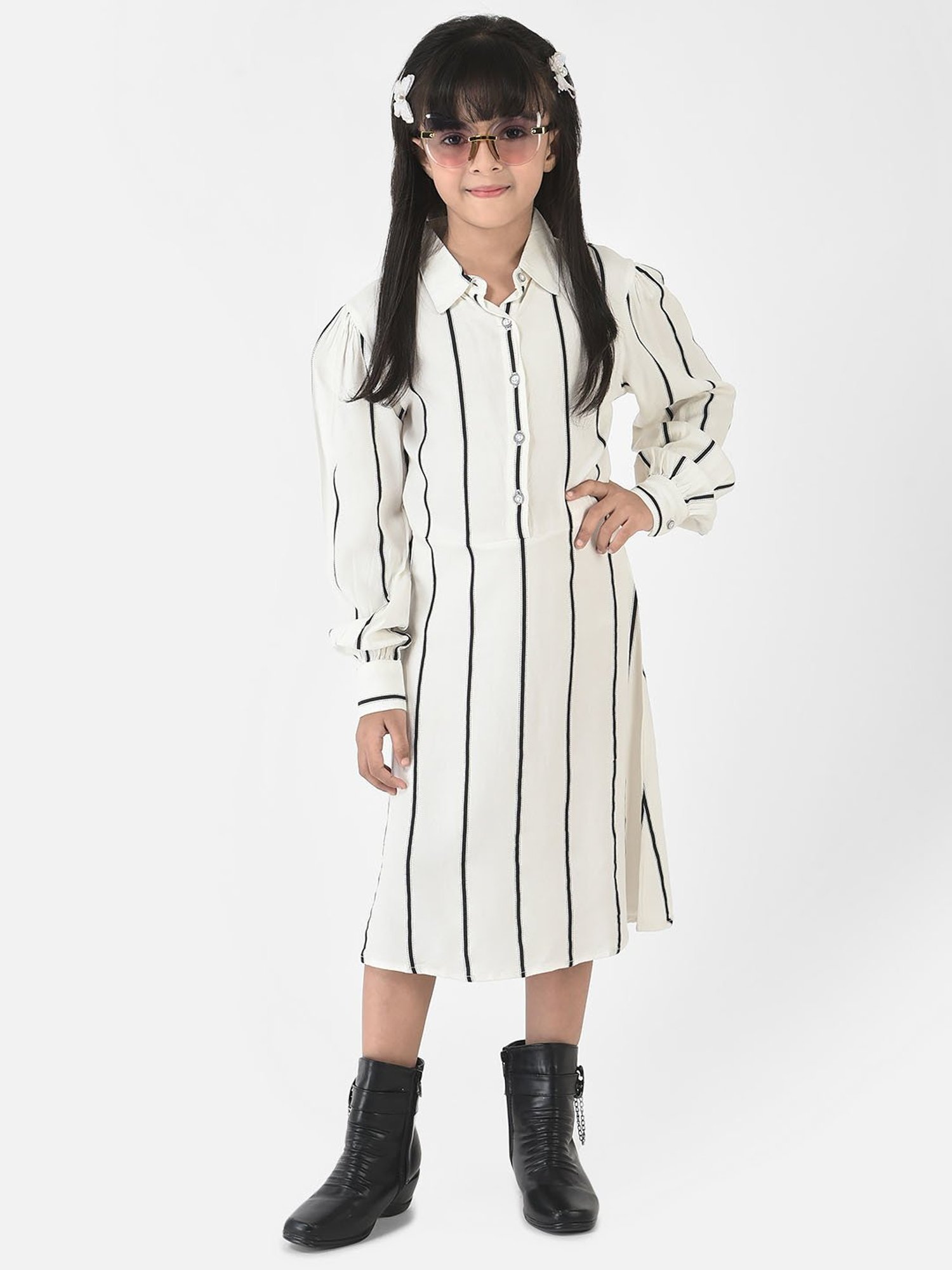 Crimsoune Club Kids Off White Striped Full Sleeves Dress