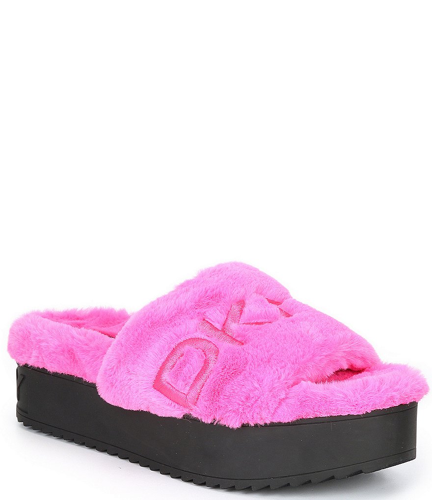 DKNY Palz Signature Logo Faux Fur Platform Slides