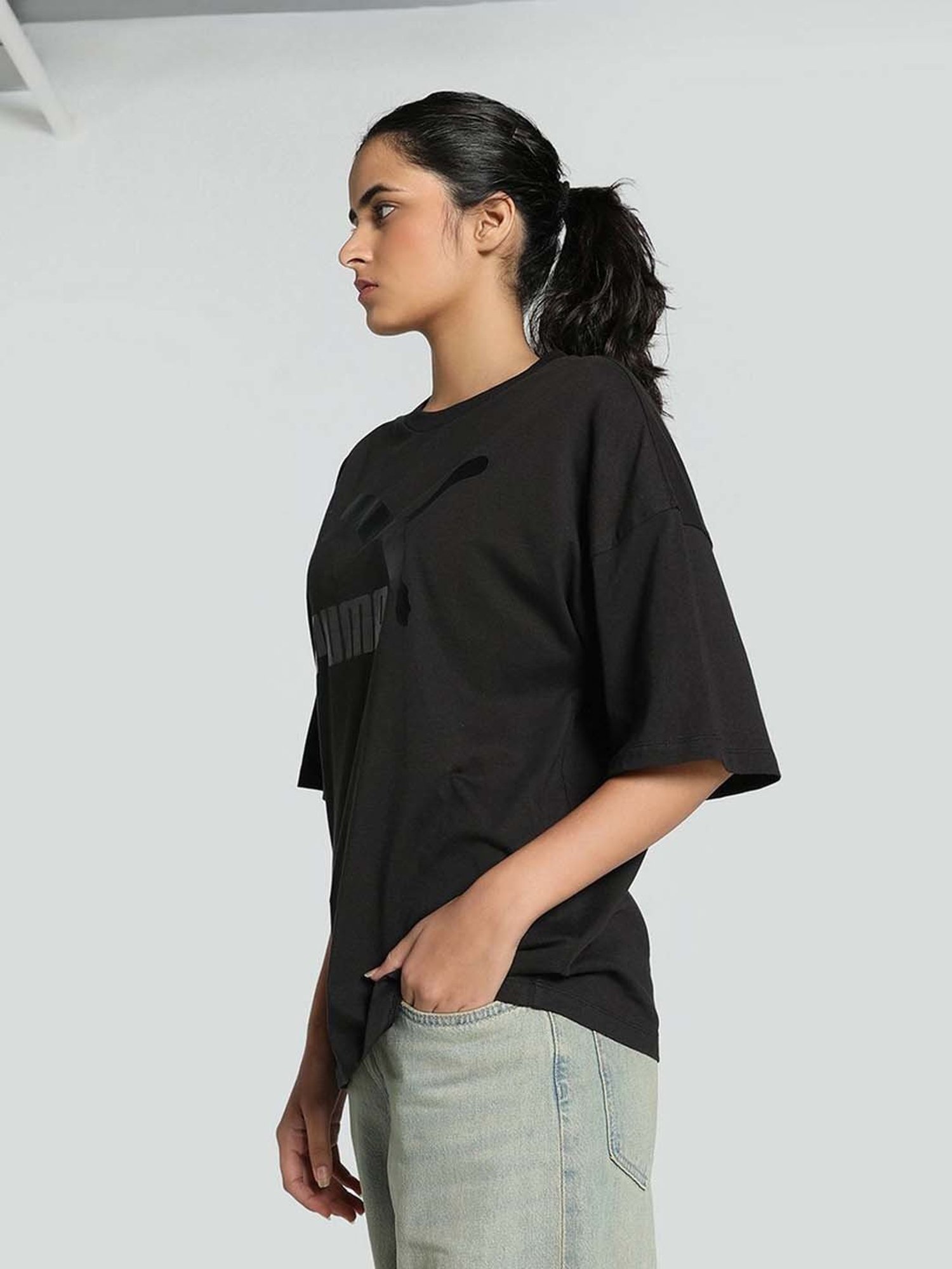 Puma Black Cotton Logo Print T-Shirt